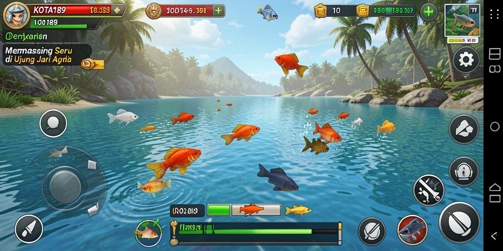 Tampilan gameplay KOTA189 dengan alat pancing dan lokasi memancing yang menarik.