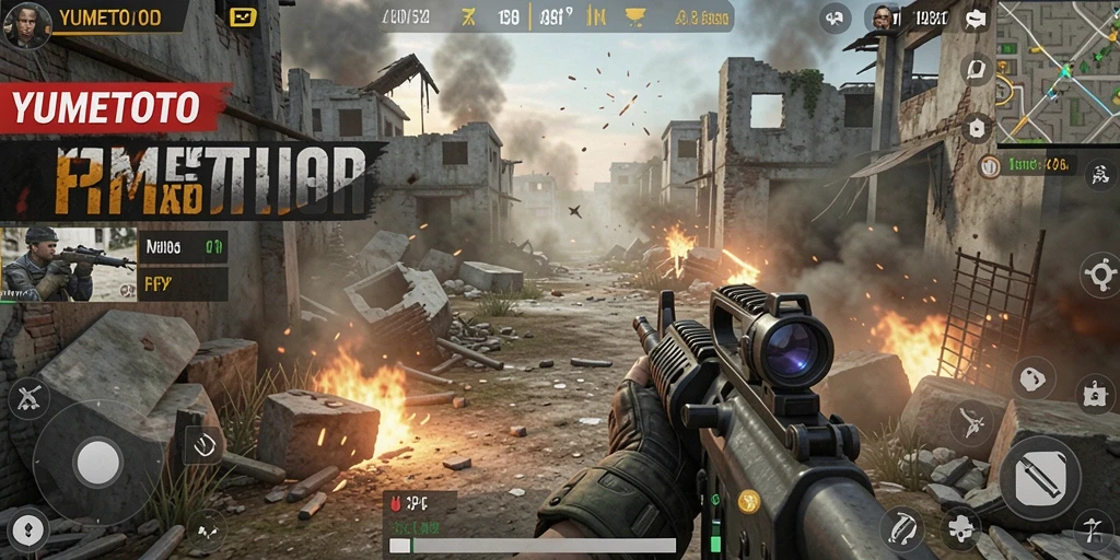 Screenshot YUMETOTO menampilkan pemain dalam aksi pertempuran FPS.